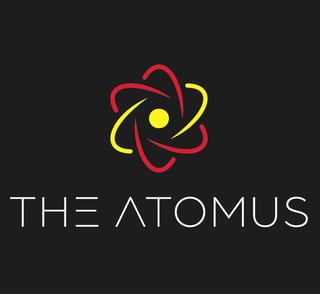 The Atomus logo featuring a stylized atom with red and yellow orbital lines and a yellow center nucleus on dark background